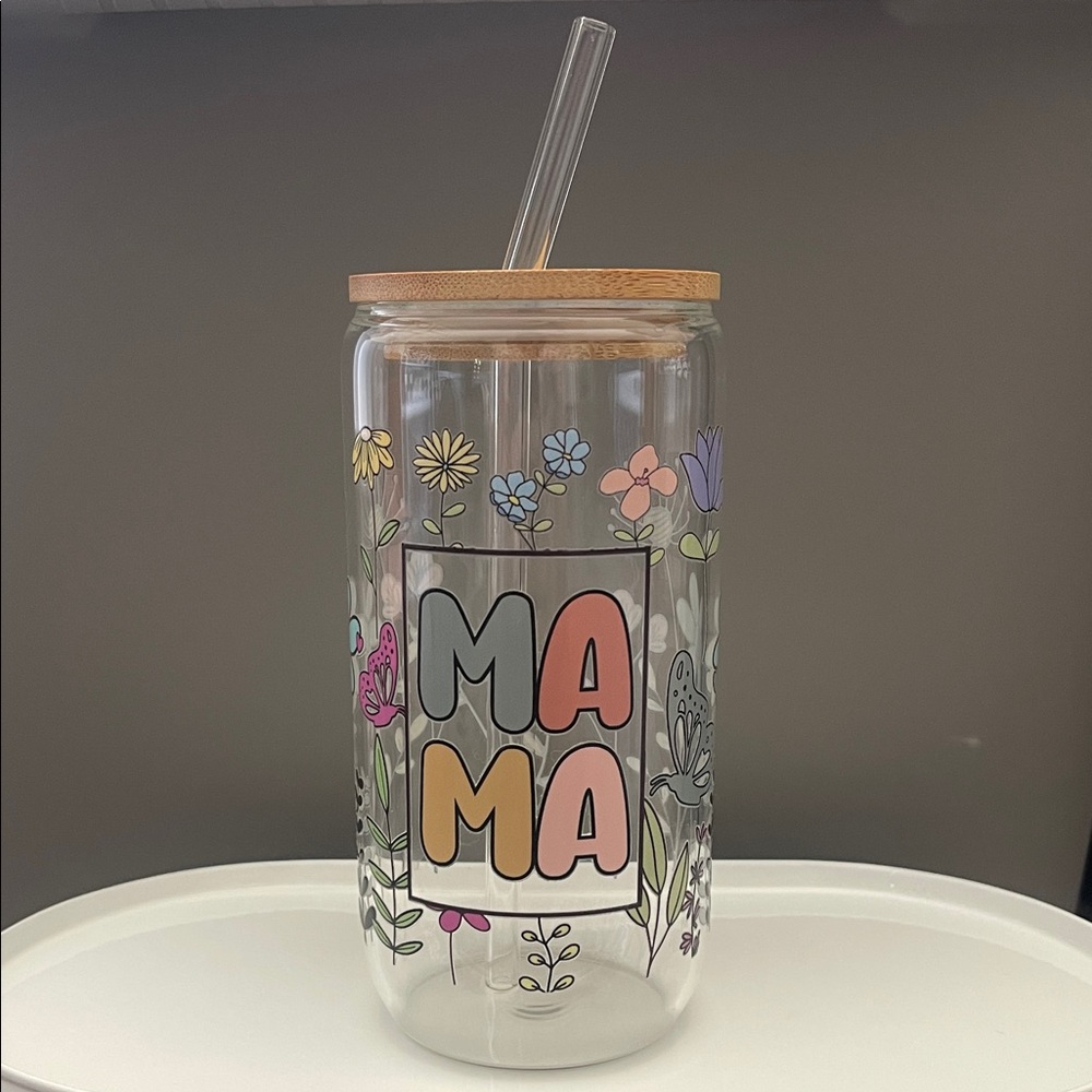 Floral Glass Tumbler with Bamboo Lid and Straw